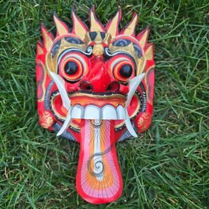 Vintage Indonesian Bali Rangda Hand Carved Wooden Mask Mythology Wall Art